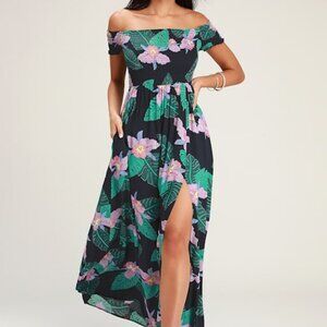 Lulus Patsy Navy Blue Floral Print Off-the-shoulder Dress - Size M